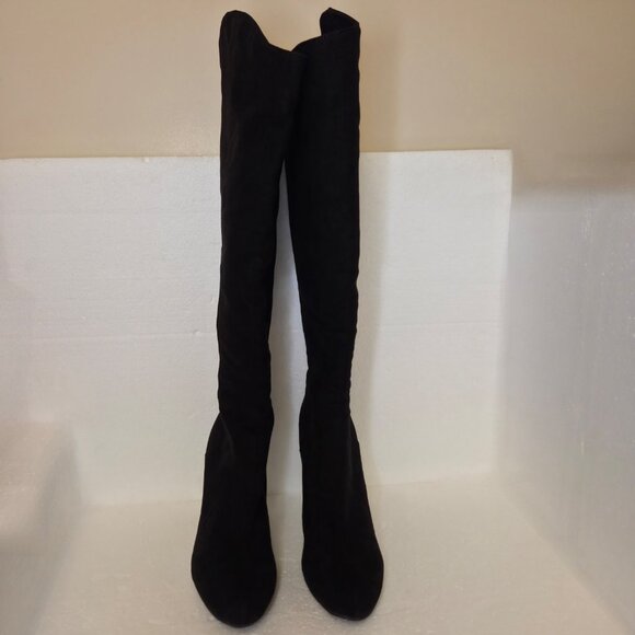 Forever 21 Women’s Black Faux Suede Knee High Stiletto Heel Gold Zip Boots - 9 - Picture 3 of 12